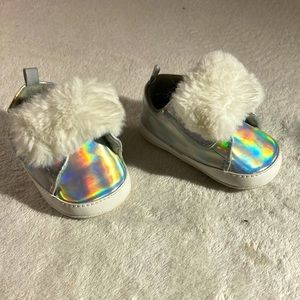 First Steps Silver Hologram Faux Fur Baby Shoes